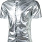 JOGAL A316 men's metallic disco short sleeve shirt in Silver front view