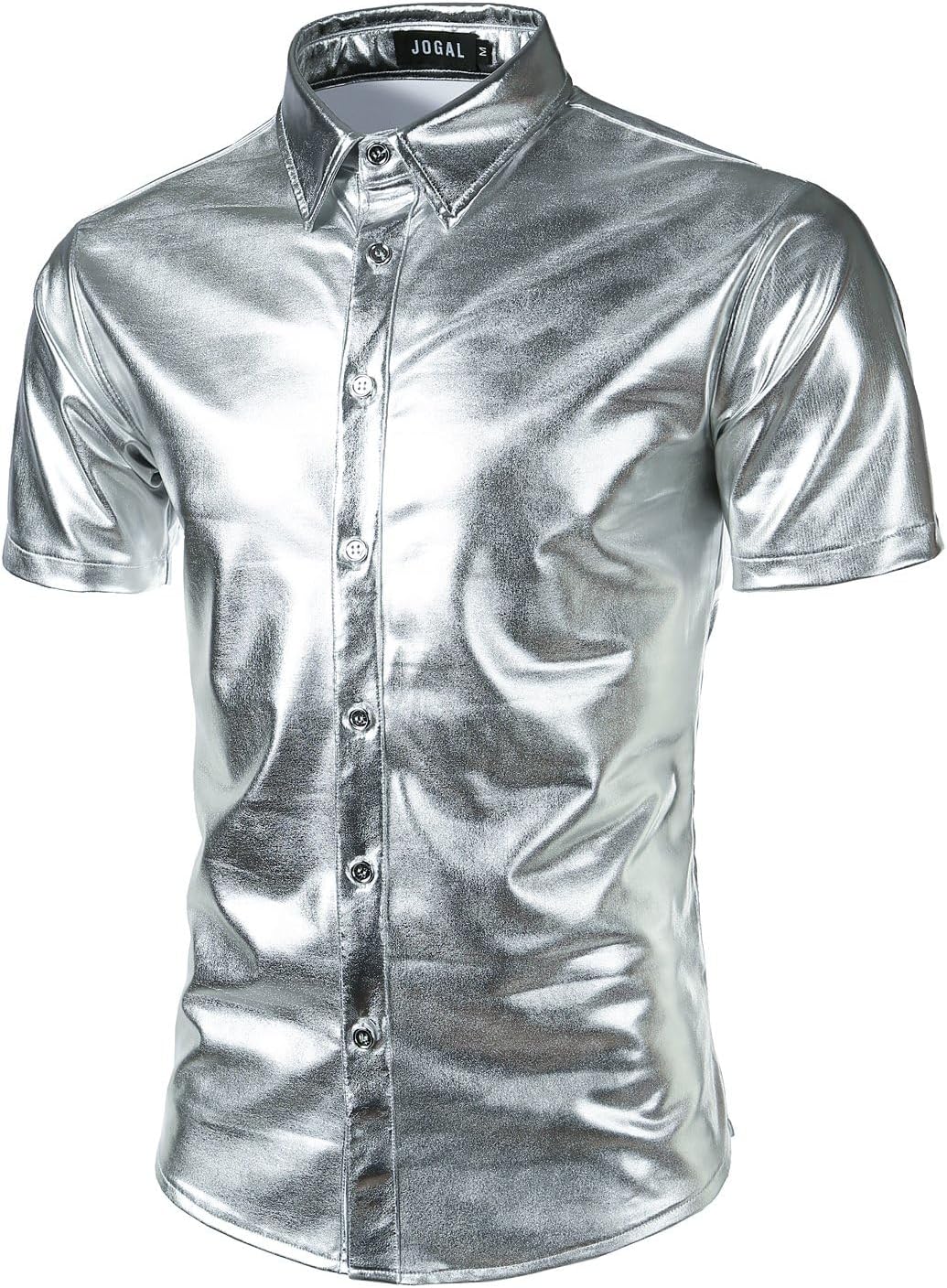 JOGAL A316 men's metallic disco short sleeve shirt in Silver front view