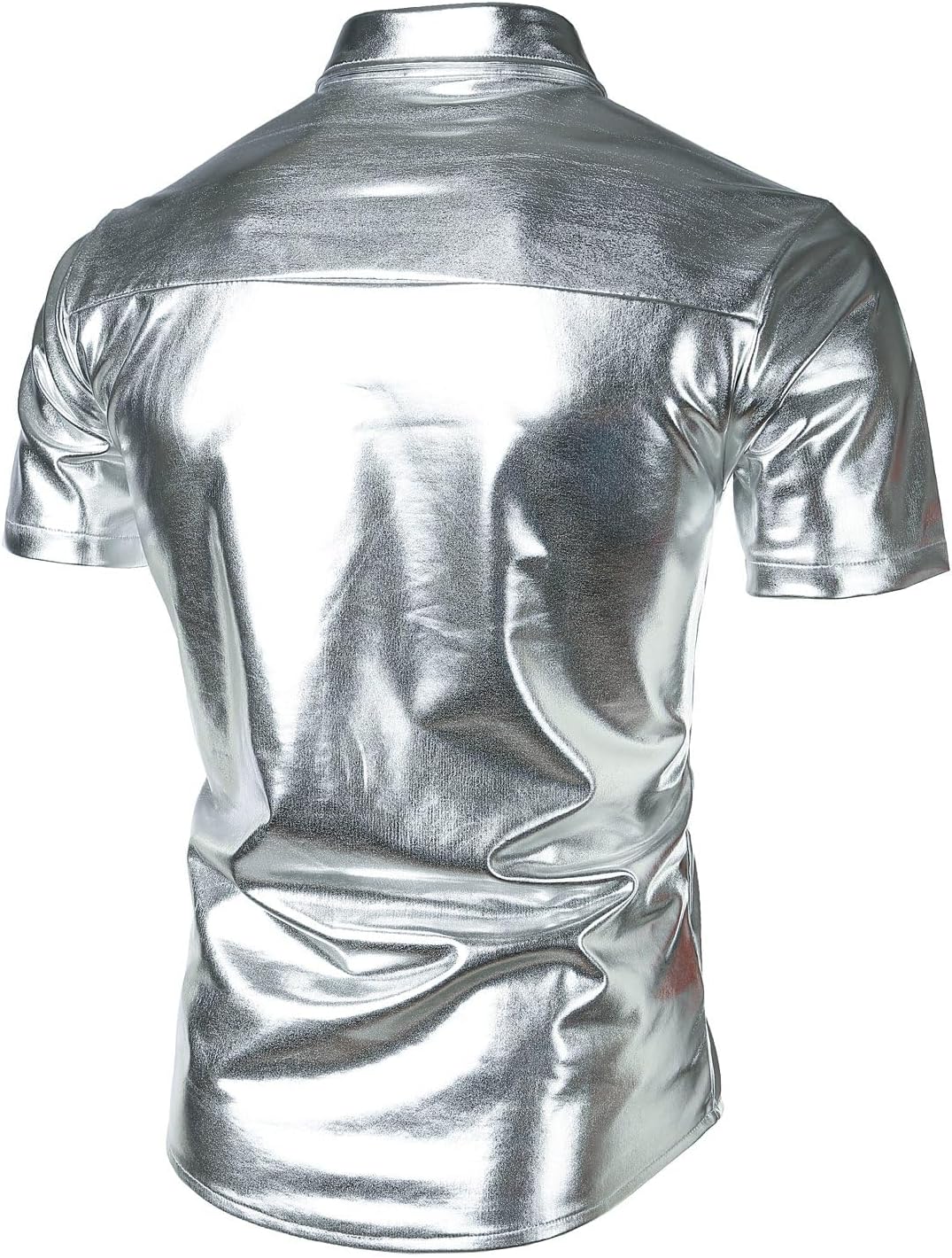 JOGAL A316 men's metallic disco short sleeve shirt in Silver back view