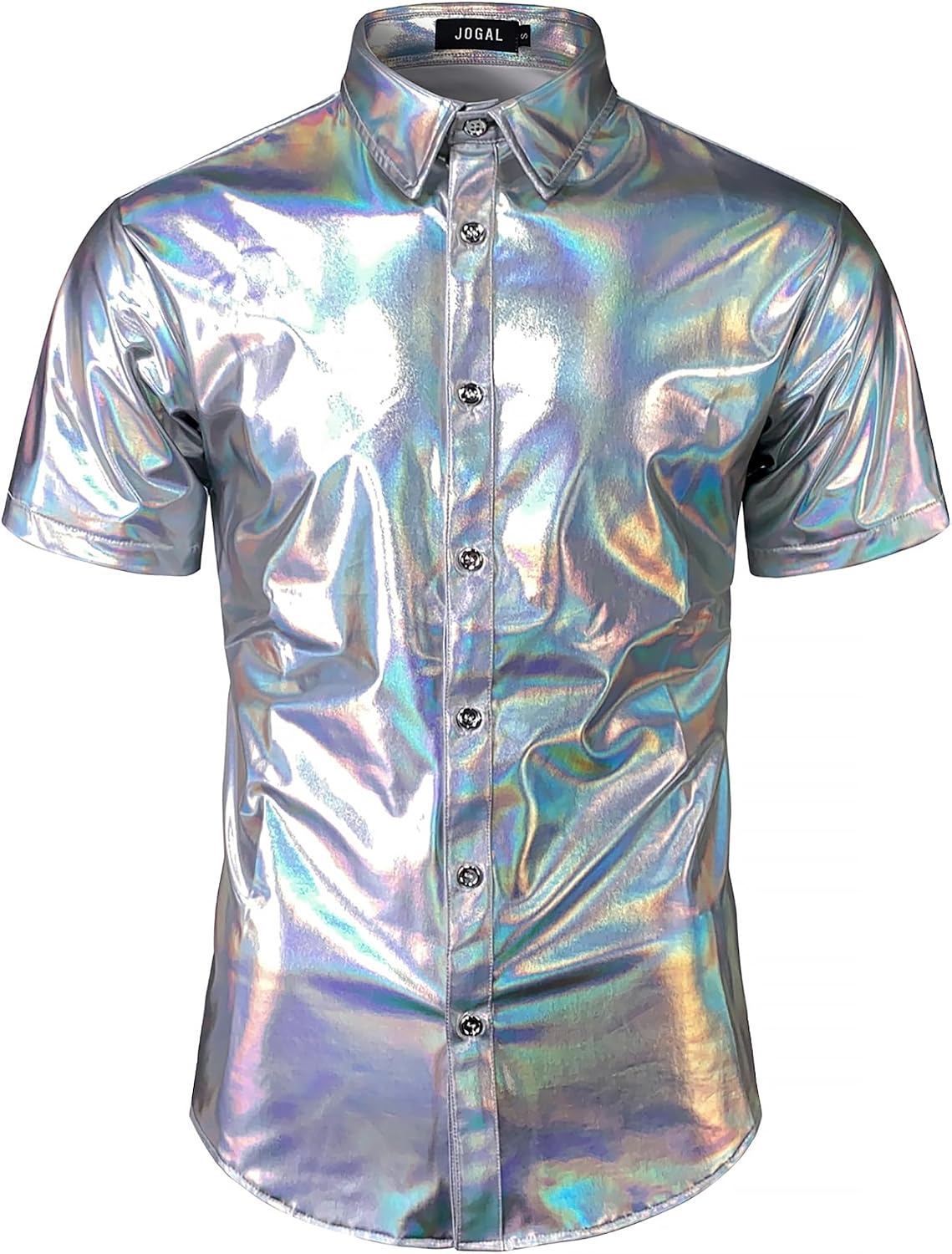 JOGAL A316 men's metallic disco short sleeve shirt in Silvershimmer front view