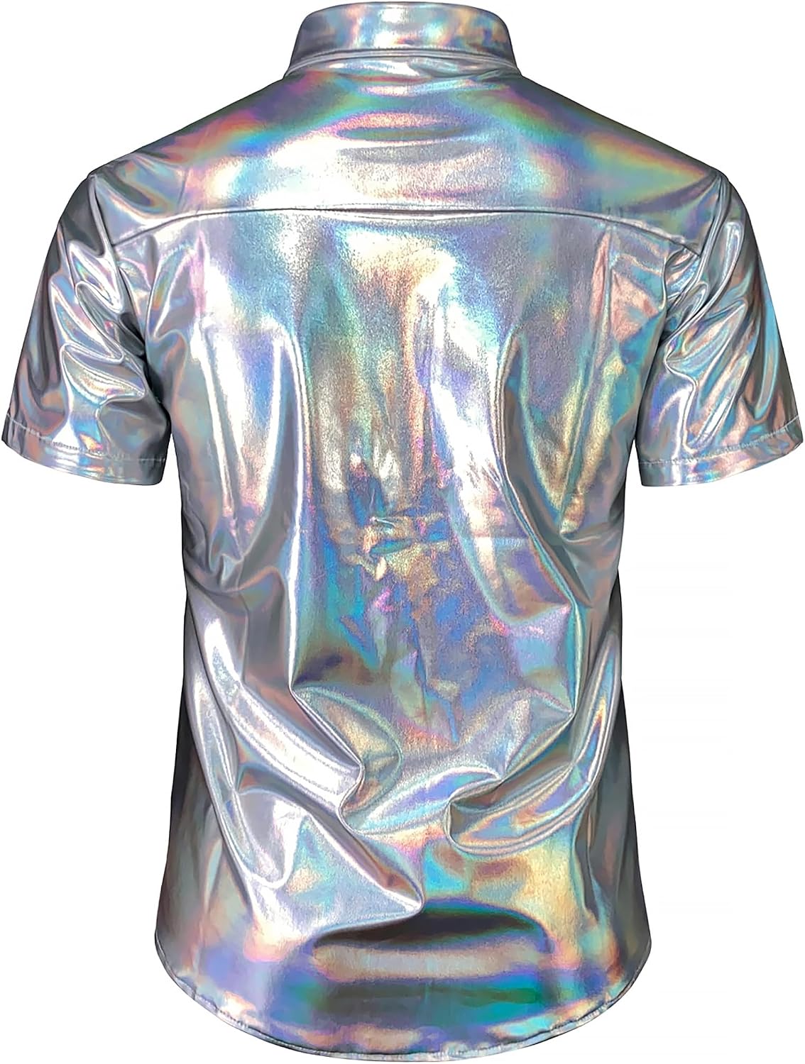 JOGAL A316 men's metallic disco short sleeve shirt in Silvershimmer back view