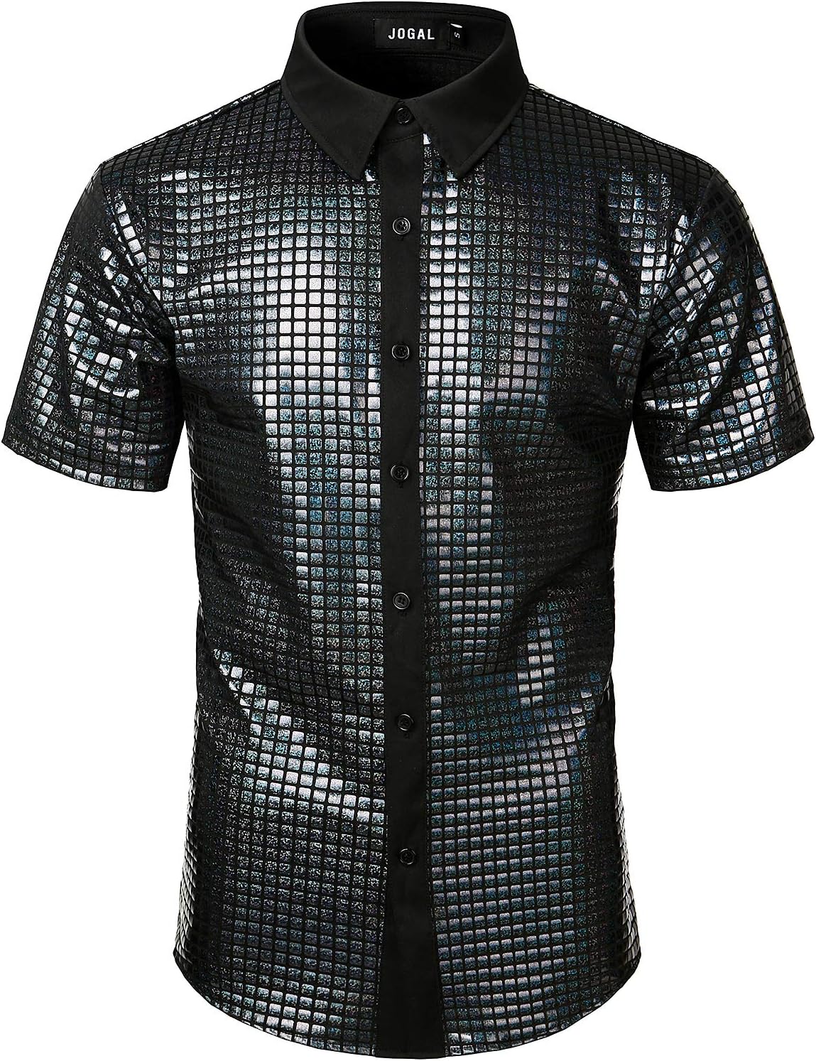 JOGAL A353 men's 70s Disco Sequin Short-Sleeve Button-Down Shirt in Black, front view