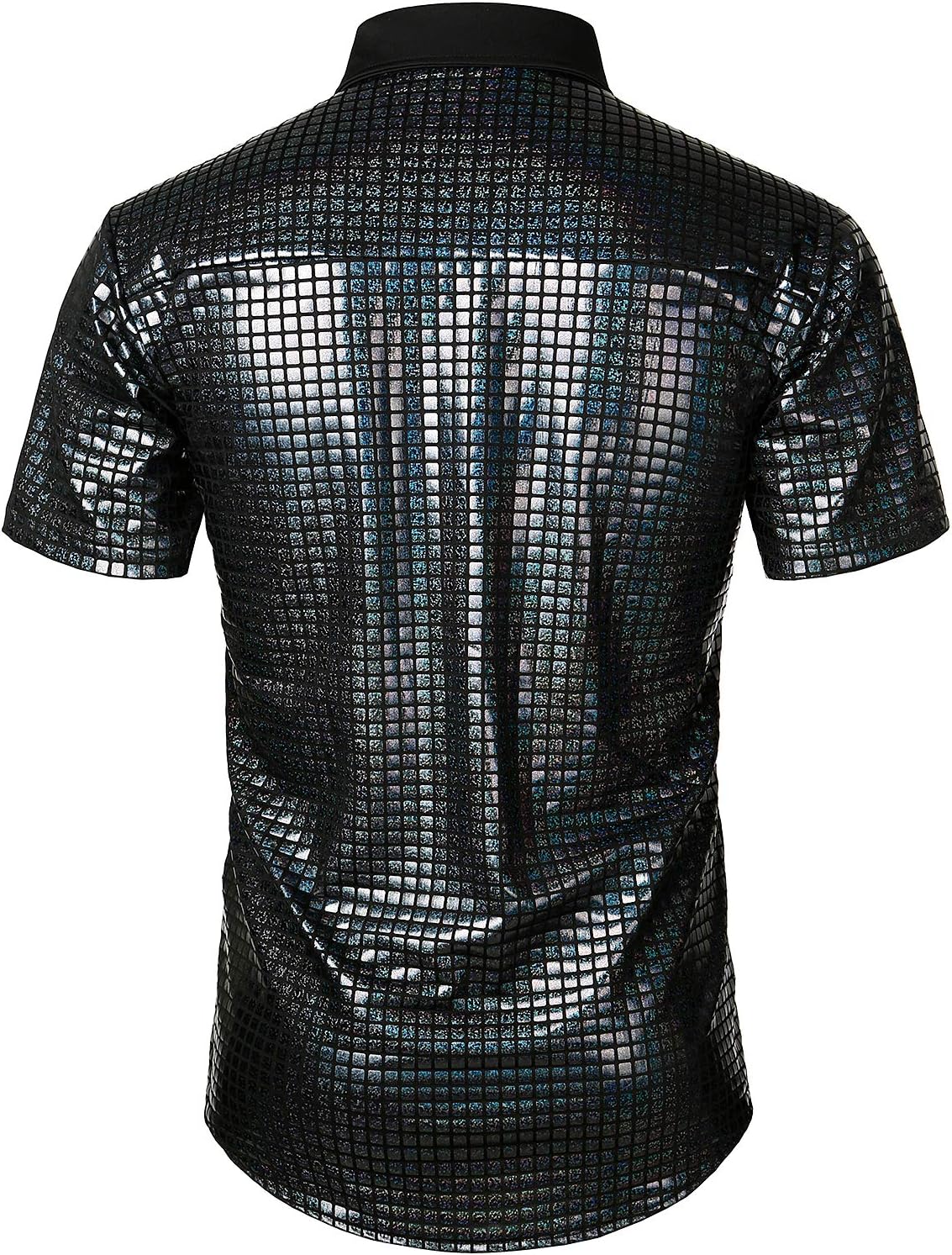 JOGAL A353 men's 70s Disco Sequin Short-Sleeve Button-Down Shirt in Black, back view