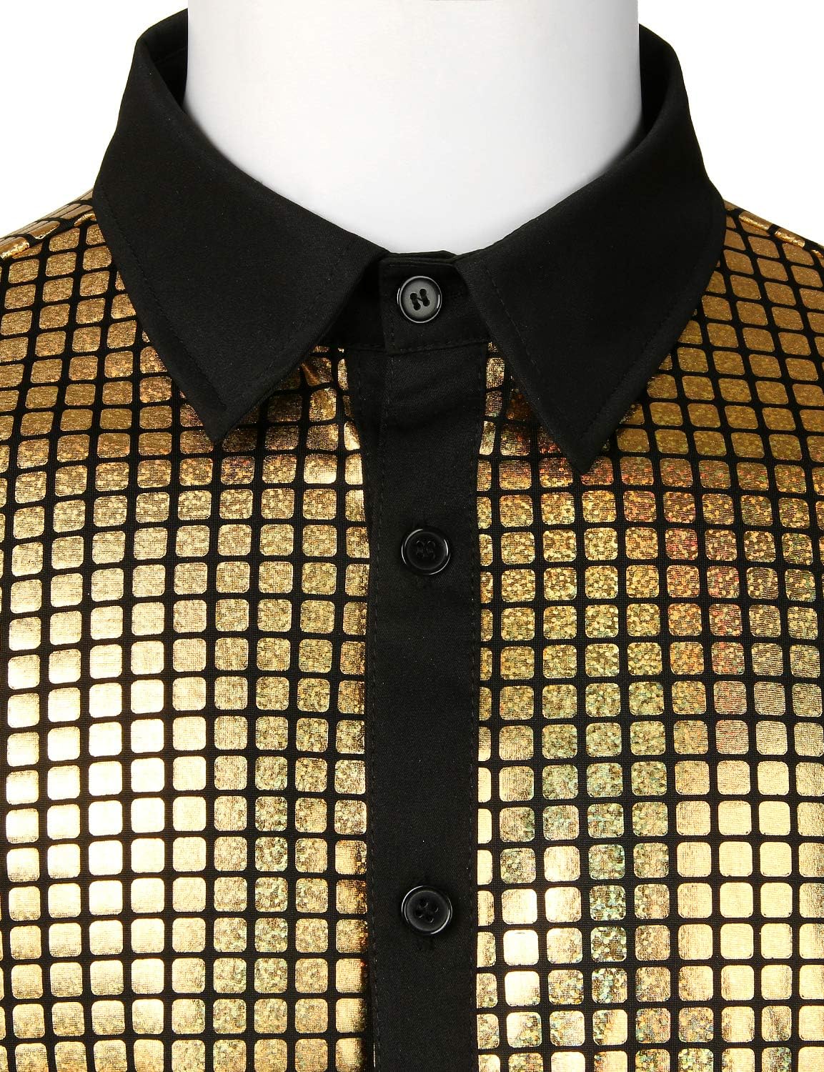 JOGAL A353 men's 70s Disco Sequin Short-Sleeve Button-Down Shirt, detail view