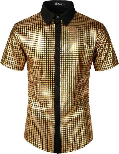 JOGAL A353 men's 70s Disco Sequin Short-Sleeve Button-Down Shirt in Gold, front view