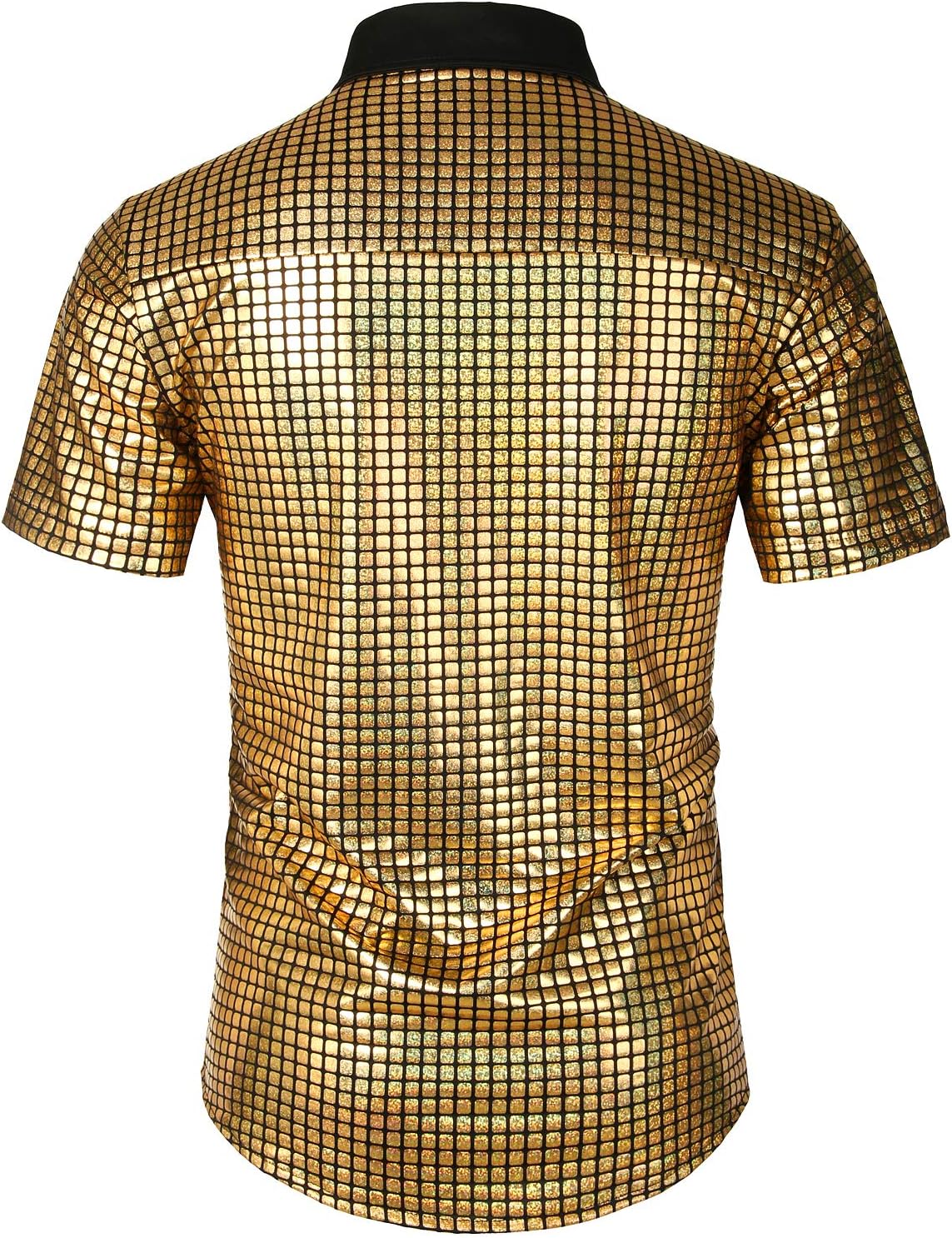 JOGAL A353 men's 70s Disco Sequin Short-Sleeve Button-Down Shirt in Gold, back view