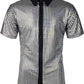 JOGAL A353 men's 70s Disco Sequin Short-Sleeve Button-Down Shirt in Silver, front view