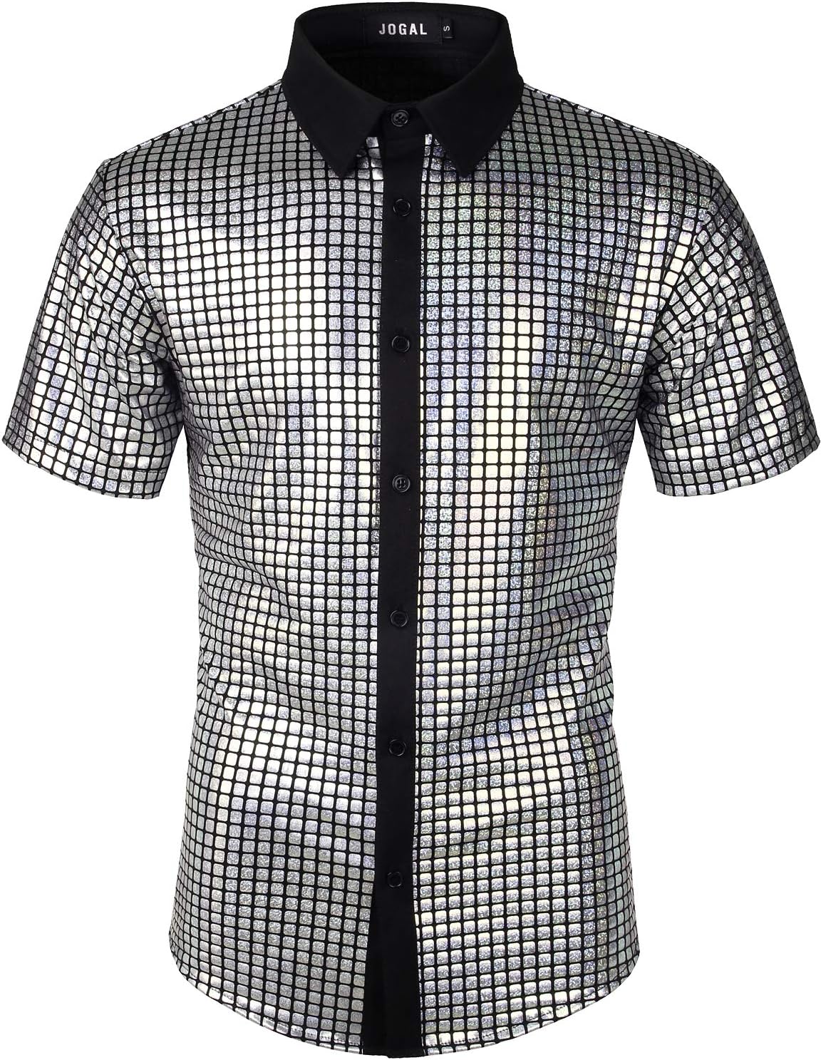 JOGAL A353 men's 70s Disco Sequin Short-Sleeve Button-Down Shirt in Silver, front view