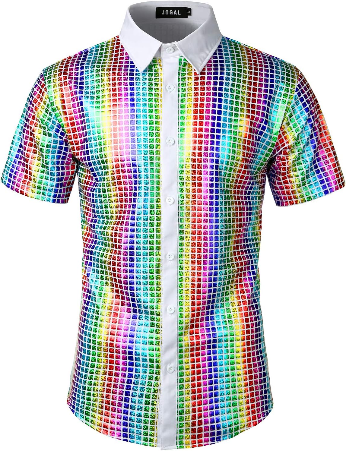 JOGAL A353 men's 70s Disco Sequin Short-Sleeve Button-Down Shirt in White Multicolour, front view