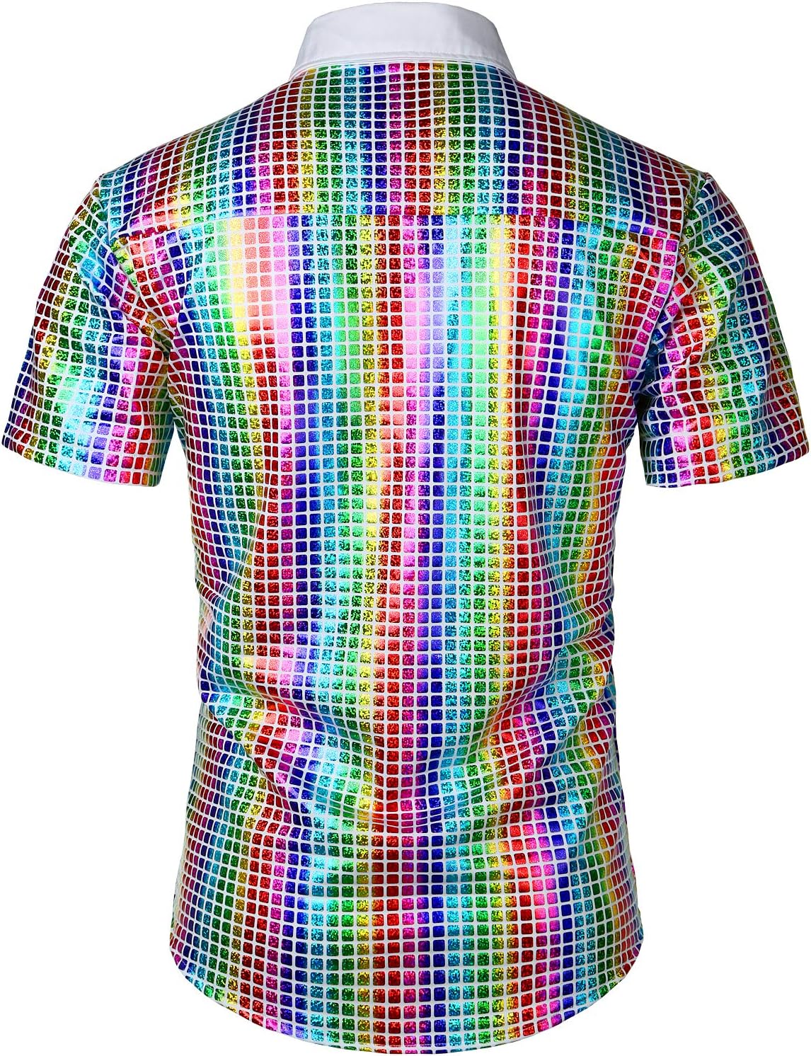 JOGAL A353 men's 70s Disco Sequin Short-Sleeve Button-Down Shirt in White Multicolour, back view