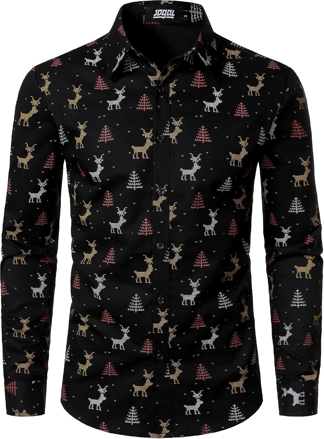JOGAL A379 men's Christmas Print Long-Sleeve Button-Down Shirt in Black, front view