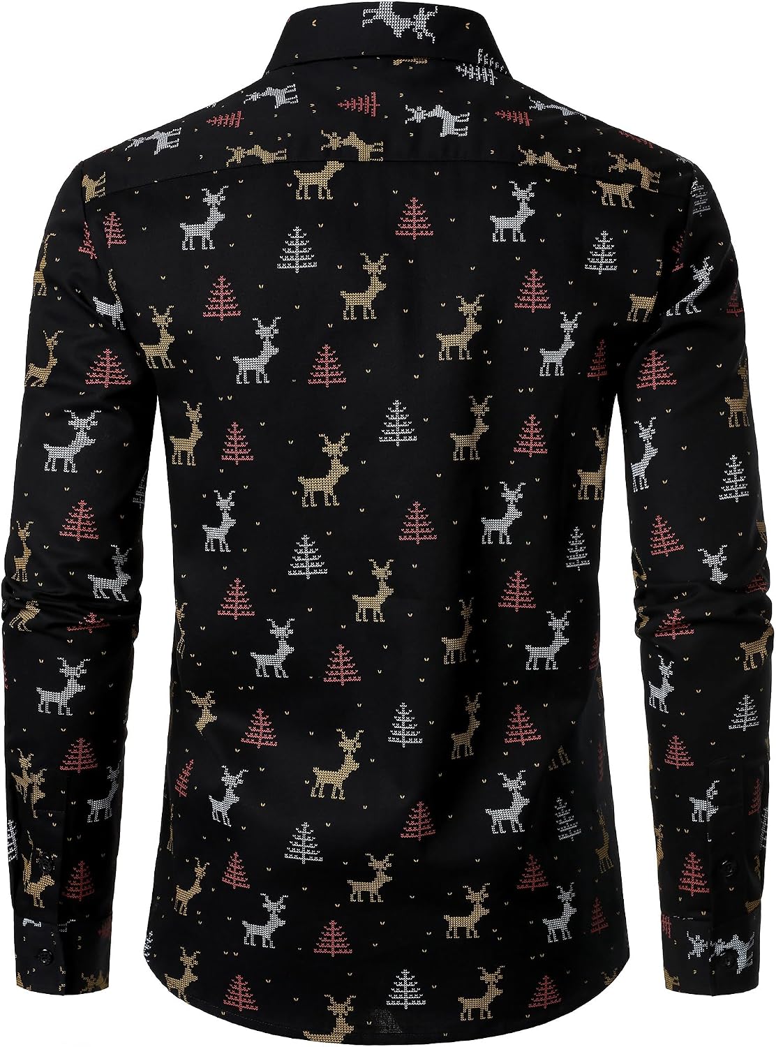 JOGAL A379 men's Christmas Print Long-Sleeve Button-Down Shirt in Black, back view