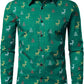 JOGAL A379 men's Christmas Print Long-Sleeve Button-Down Shirt in Dark Green, front view