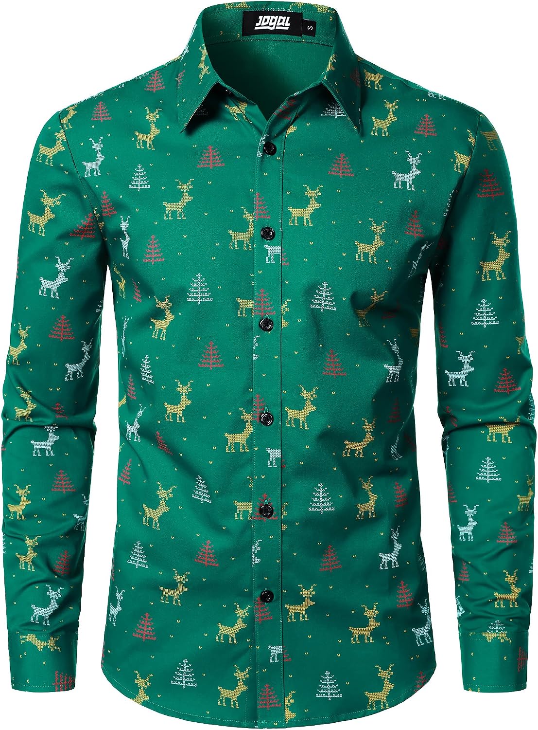 JOGAL A379 men's Christmas Print Long-Sleeve Button-Down Shirt in Dark Green, front view