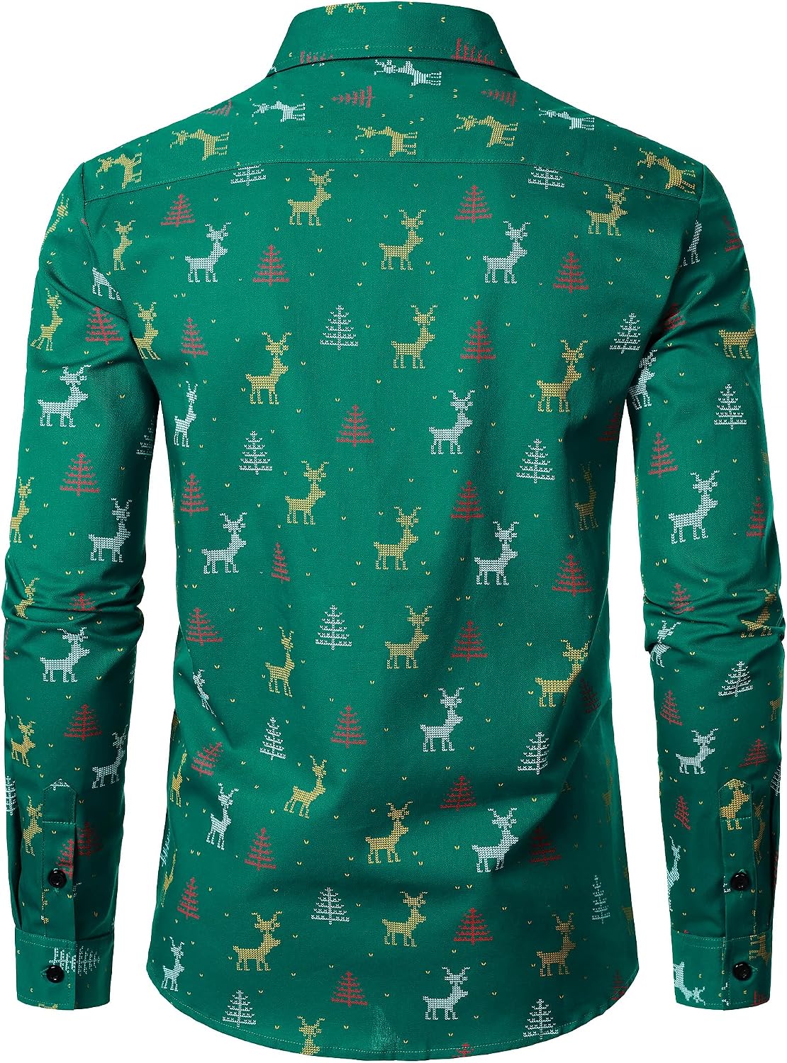 JOGAL A379 men's Christmas Print Long-Sleeve Button-Down Shirt in Dark Green, back view