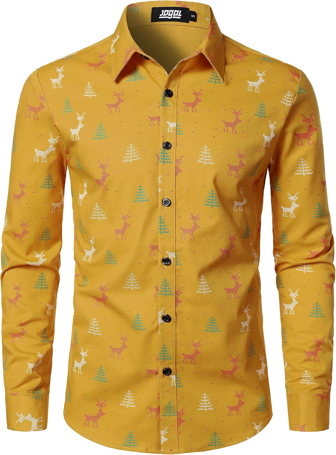 JOGAL A379 men's Christmas Print Long-Sleeve Button-Down Shirt in Gold Yellow, front view