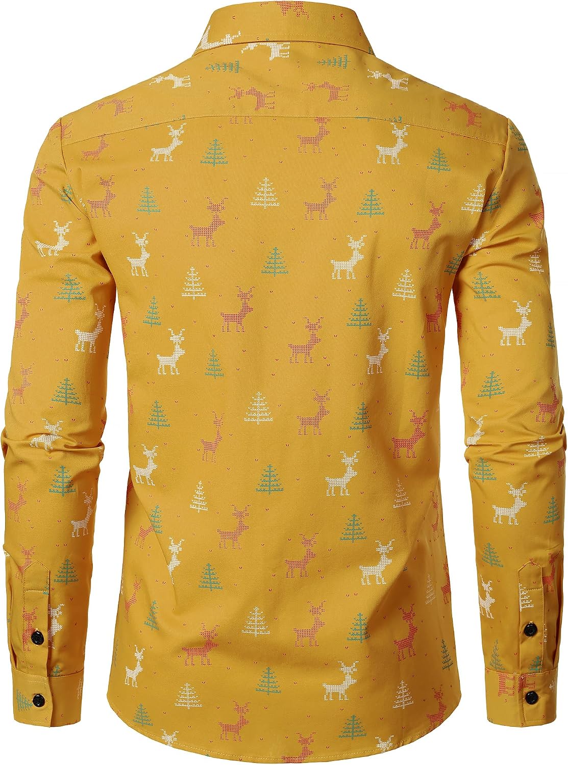 JOGAL A379 men's Christmas Print Long-Sleeve Button-Down Shirt in Gold Yellow, back view