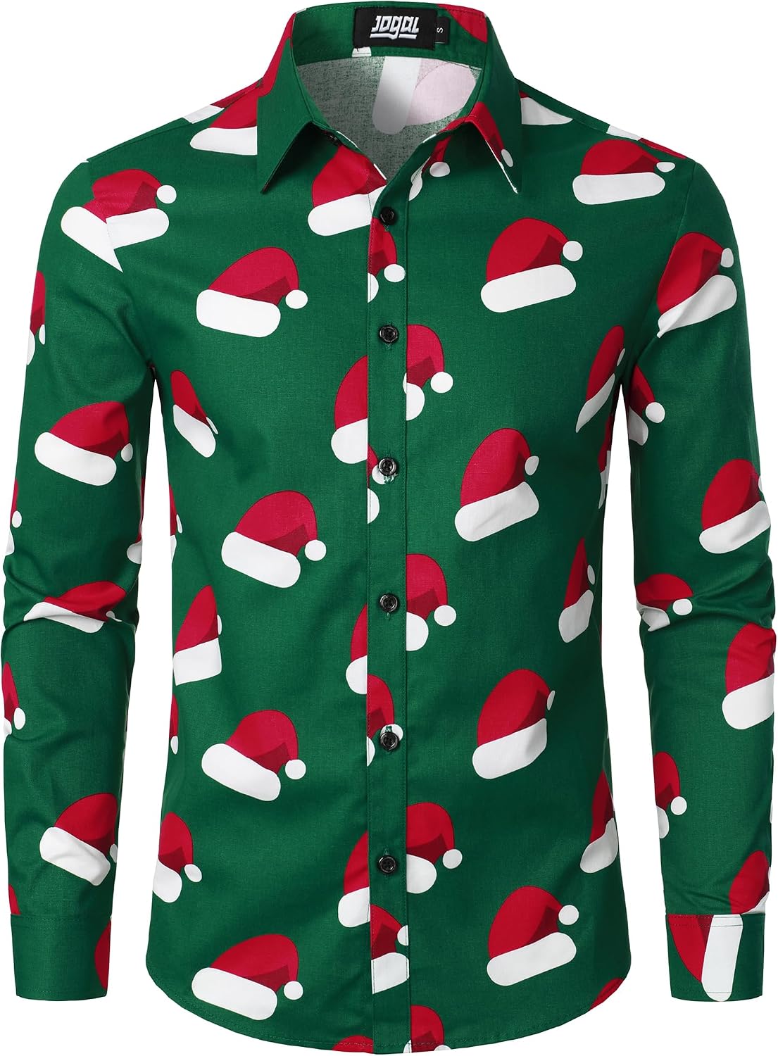 JOGAL A379 men's Christmas Print Long-Sleeve Button-Down Shirt in Grass Green, front view