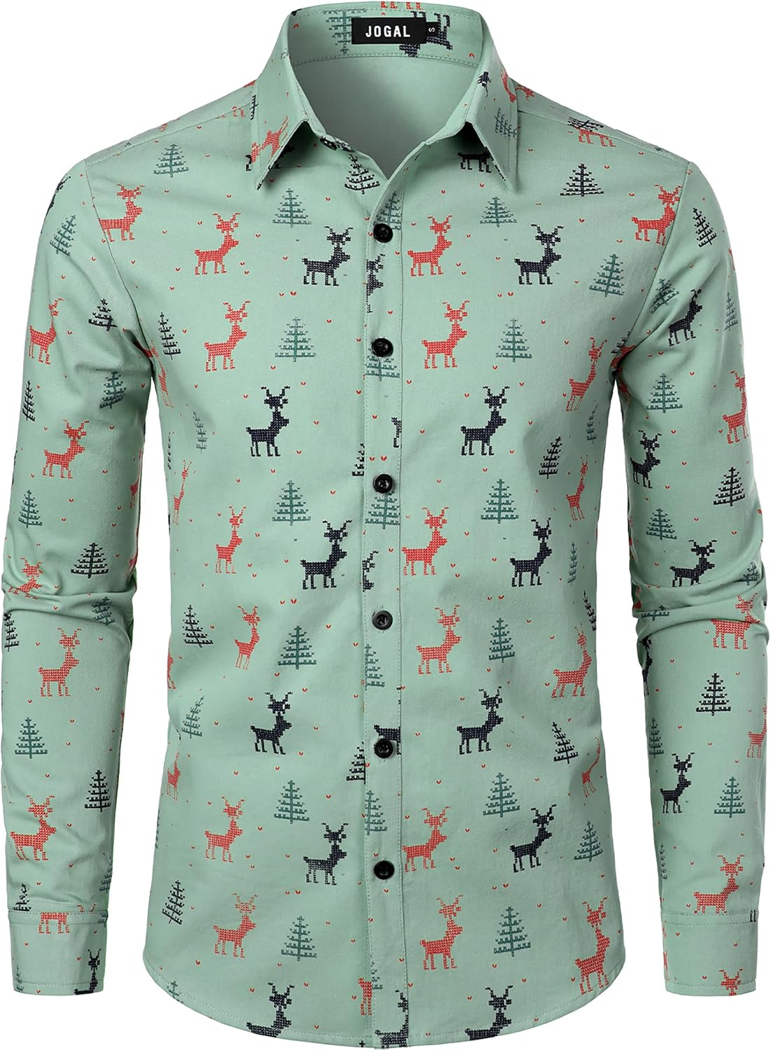 JOGAL A379 men's Christmas Print Long-Sleeve Button-Down Shirt in Green, front view
