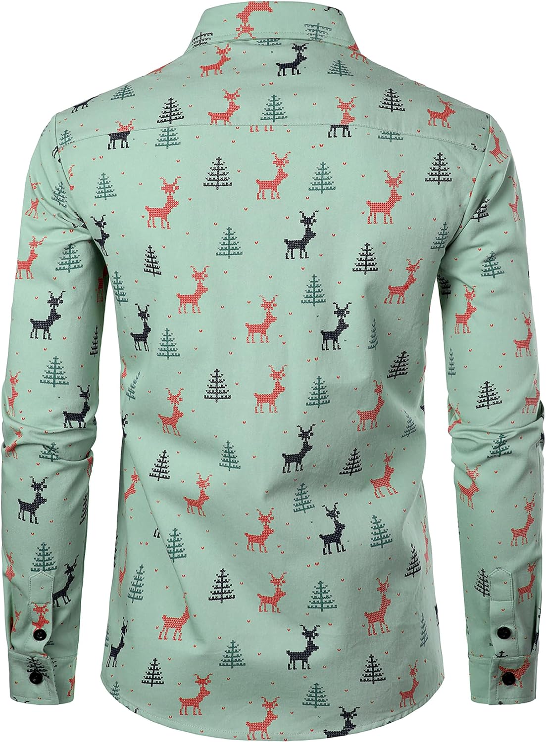 JOGAL A379 men's Christmas Print Long-Sleeve Button-Down Shirt in Green, back view