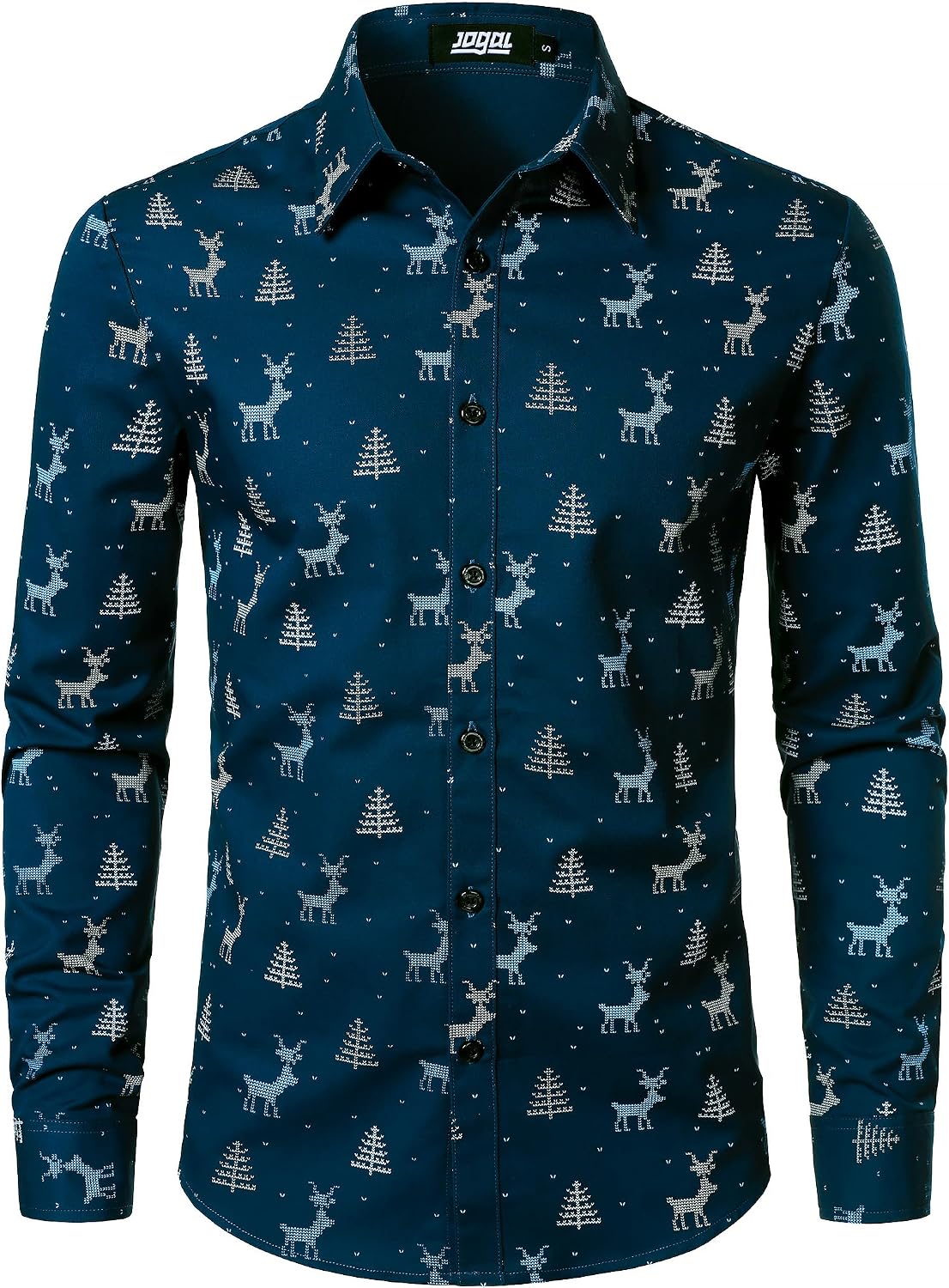 JOGAL A379 men's Christmas Print Long-Sleeve Button-Down Shirt in Navy, front view