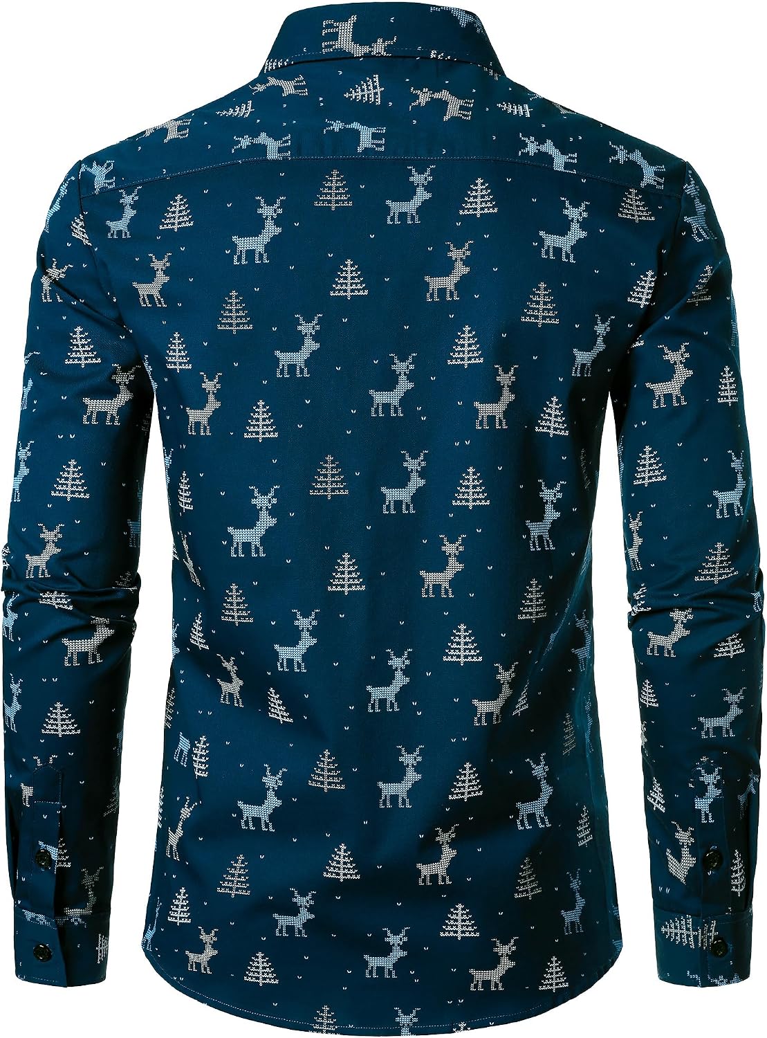 JOGAL A379 men's Christmas Print Long-Sleeve Button-Down Shirt in Navy, back view