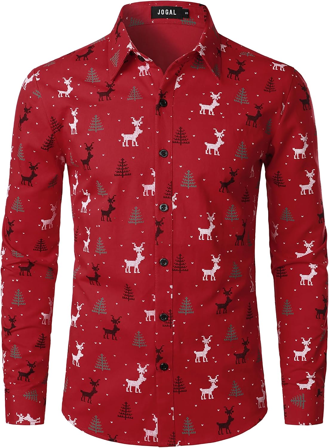 JOGAL A379 men's Christmas Print Long-Sleeve Button-Down Shirt in Red, front view