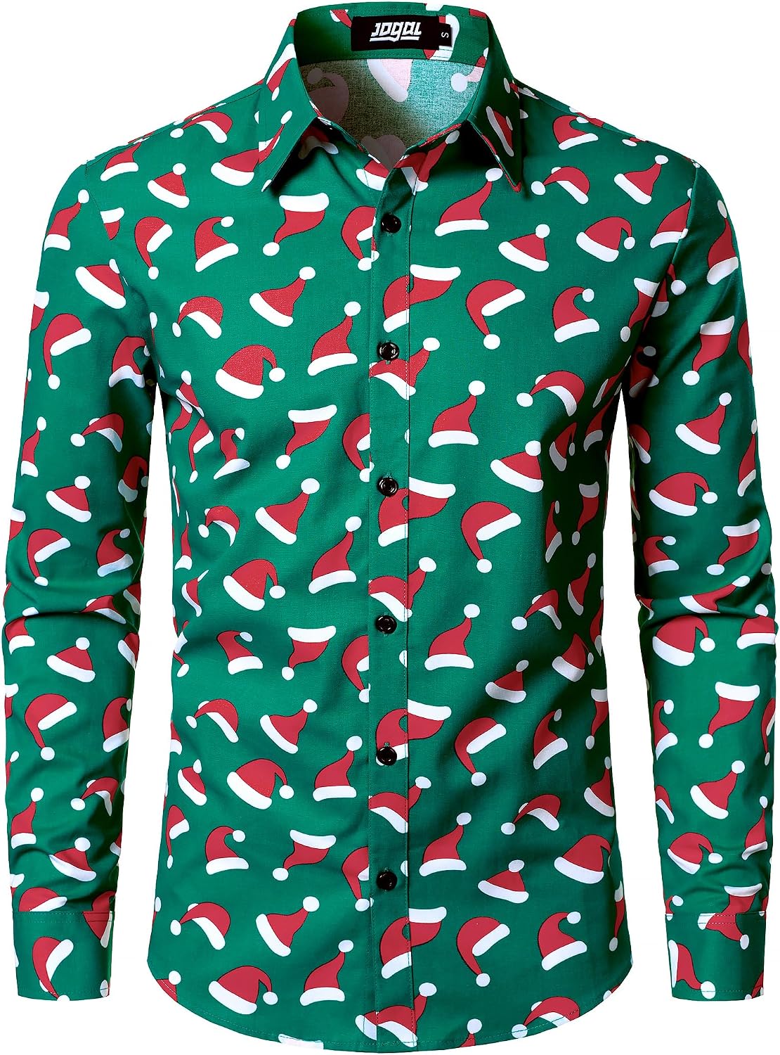 JOGAL A379 men's Christmas Print Long-Sleeve Button-Down Shirt in Santa Green, front view