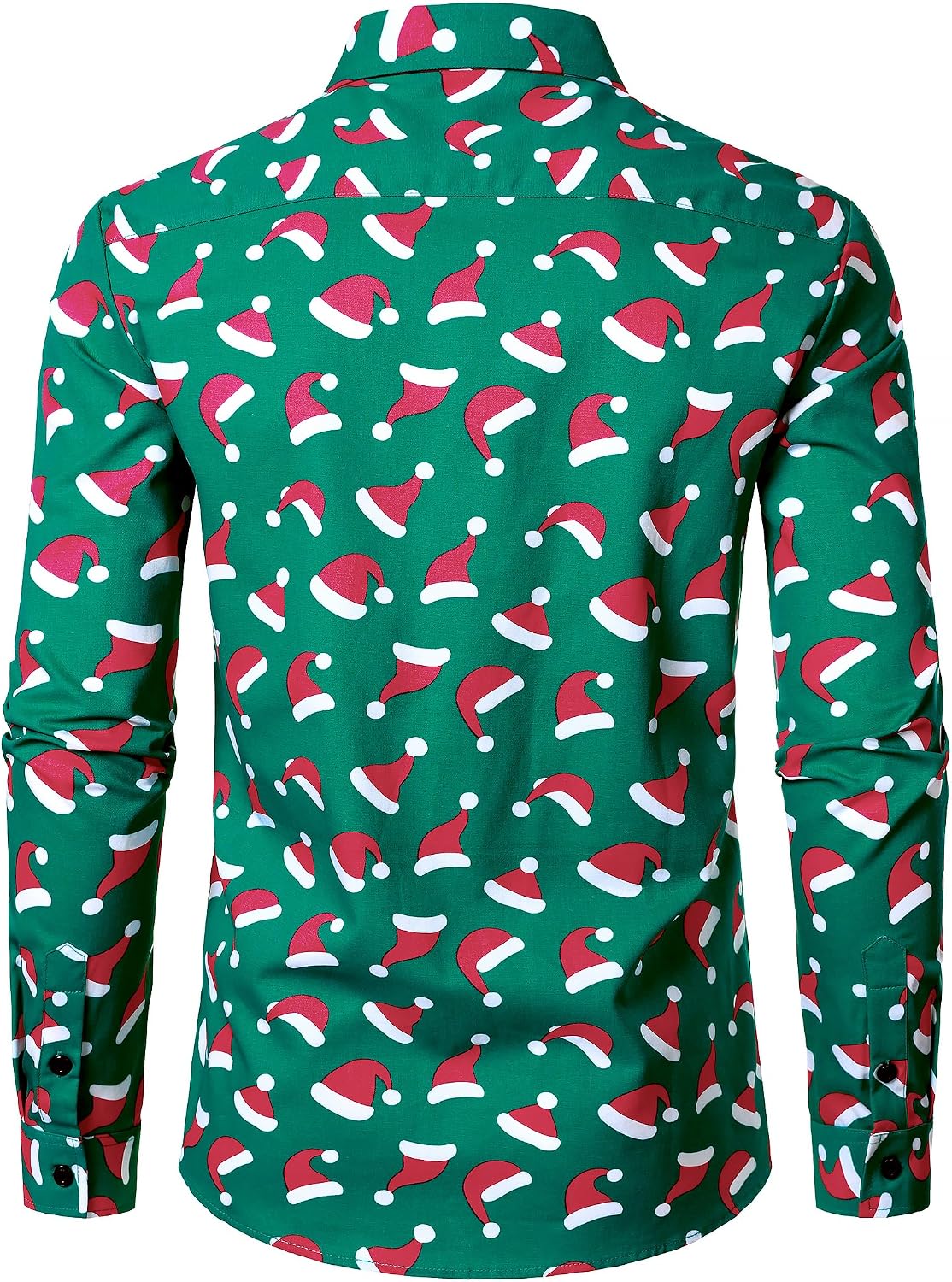 JOGAL A379 men's Christmas Print Long-Sleeve Button-Down Shirt in Santa Green, back view