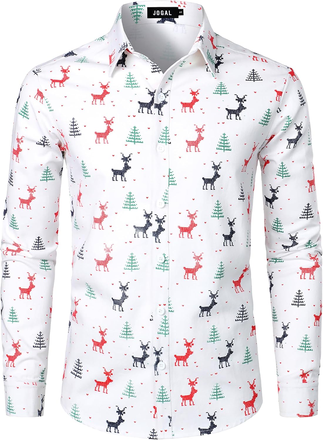 JOGAL A379 men's Christmas Print Long-Sleeve Button-Down Shirt in White, front view