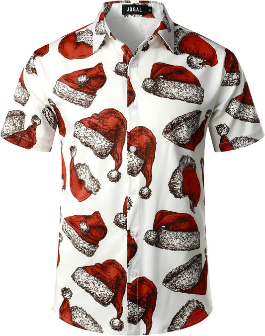 JOGAL A396 men's Christmas Hawaiian Print Short-Sleeve Button-Down Shirt in Red White, front view