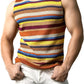 JOGAL A508 men's Rainbow Striped Sleeveless Tank Top in Brown, front view