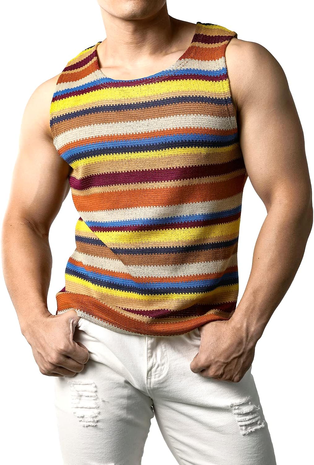 JOGAL A508 men's Rainbow Striped Sleeveless Tank Top in Brown, front view