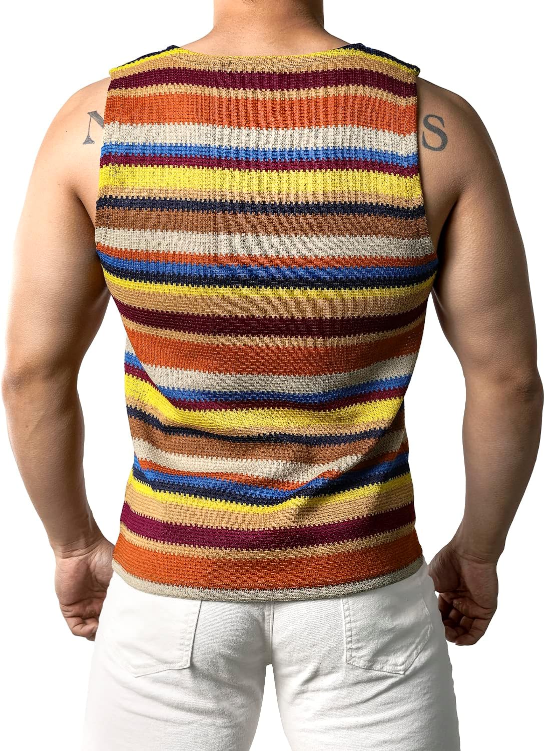 JOGAL A508 men's Rainbow Striped Sleeveless Tank Top in Brown, back view
