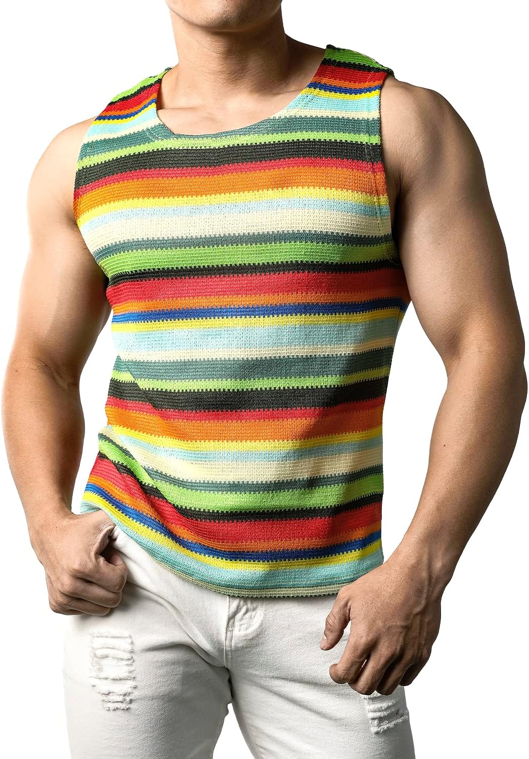 JOGAL A508 men's Rainbow Striped Sleeveless Tank Top in Green, front view
