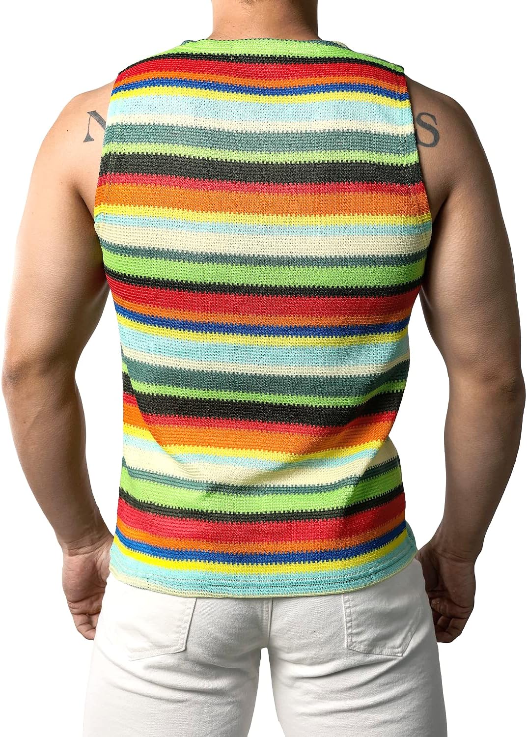 JOGAL A508 men's Rainbow Striped Sleeveless Tank Top in Green, back view