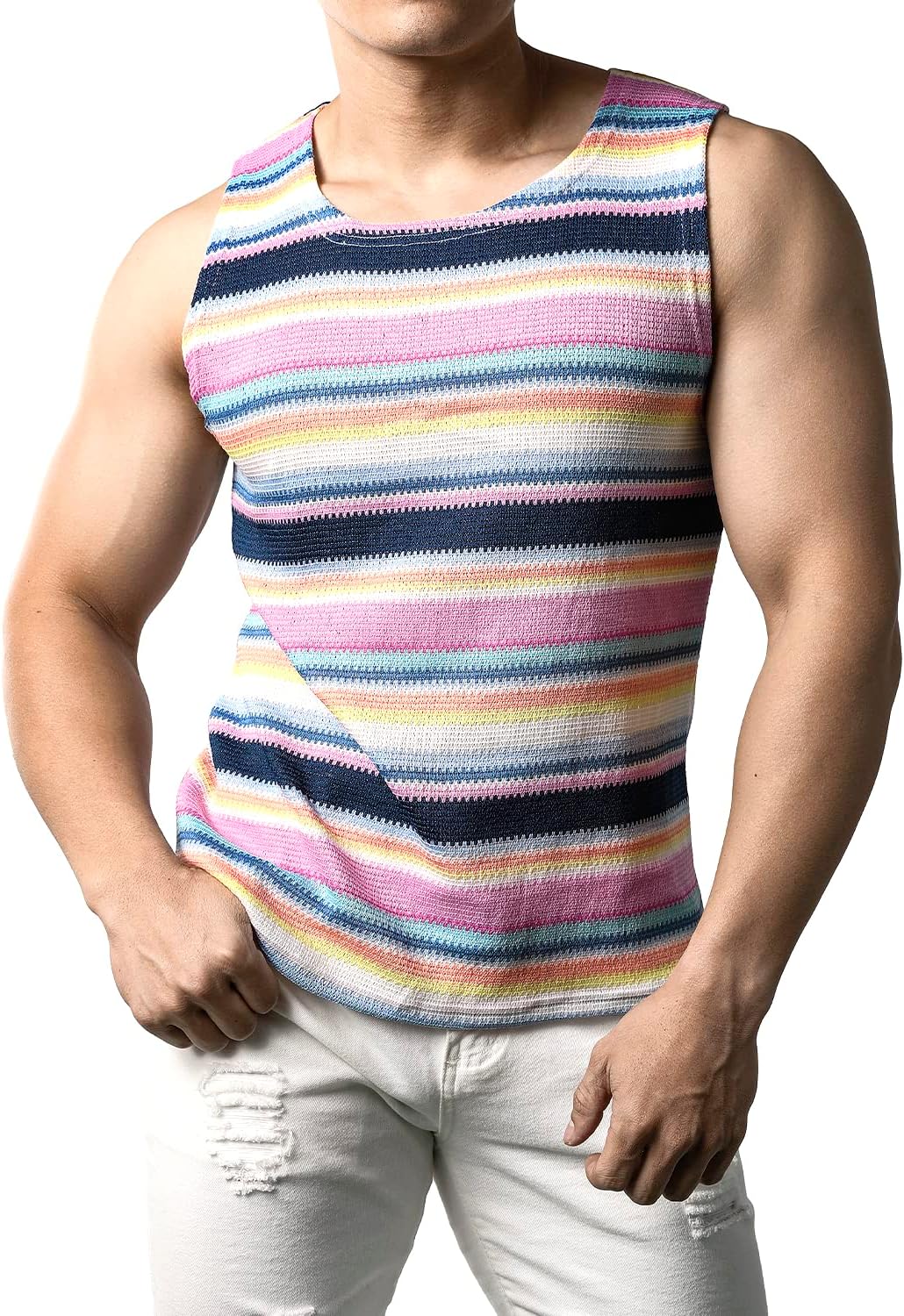 JOGAL A508 men's Rainbow Striped Sleeveless Tank Top in Navy, front view