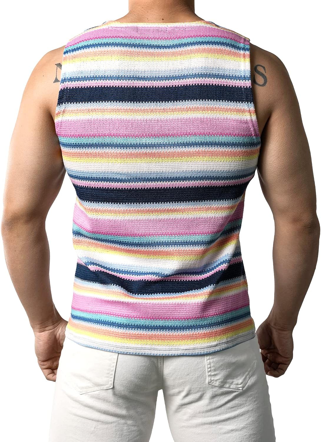 JOGAL A508 men's Rainbow Striped Sleeveless Tank Top in Navy, back view