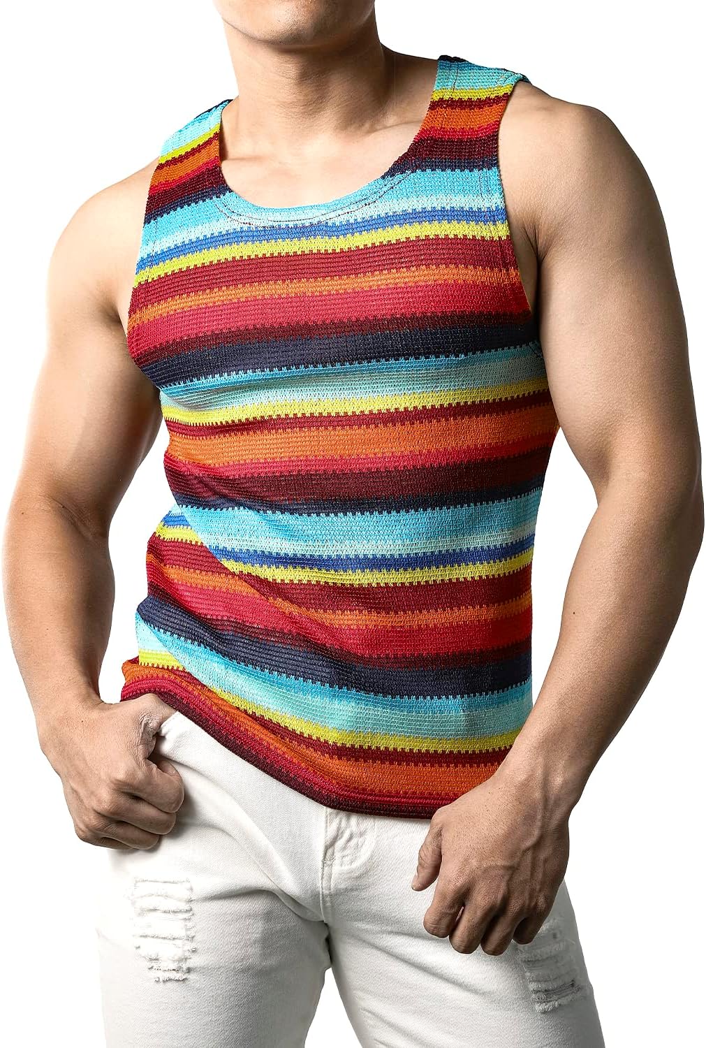 JOGAL A508 men's Rainbow Striped Sleeveless Tank Top in Red, front view