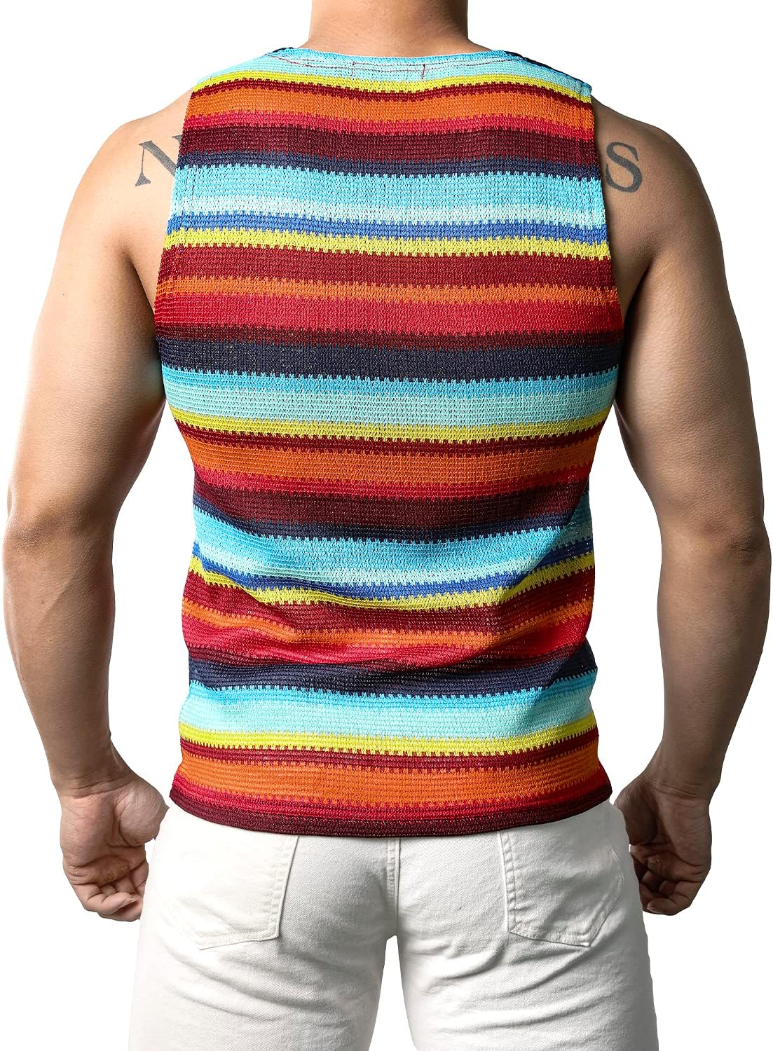 JOGAL A508 men's Rainbow Striped Sleeveless Tank Top in Red, back view