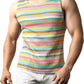 JOGAL A508 men's Rainbow Striped Sleeveless Tank Top in White, front view