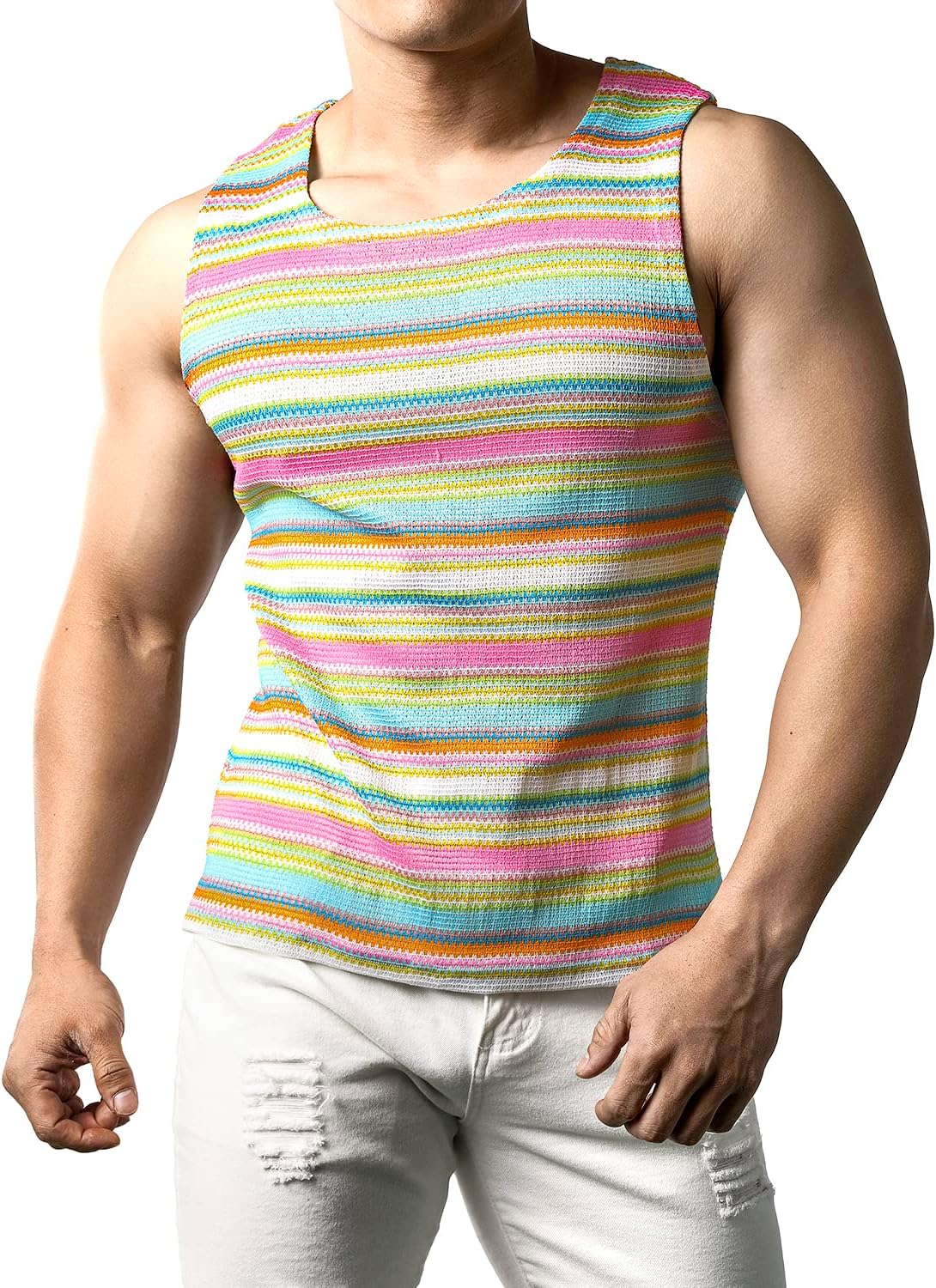 JOGAL A508 men's Rainbow Striped Sleeveless Tank Top in White, front view