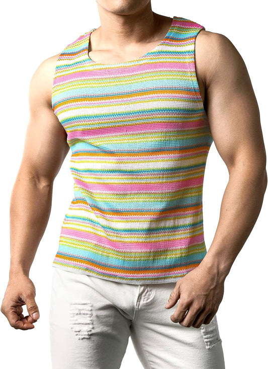 JOGAL A508 men's Rainbow Striped Sleeveless Tank Top in White, front view