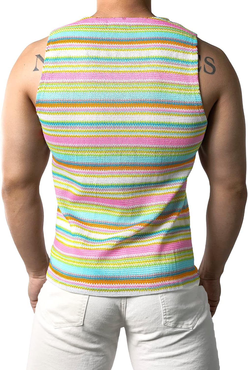 JOGAL A508 men's Rainbow Striped Sleeveless Tank Top in White, back view