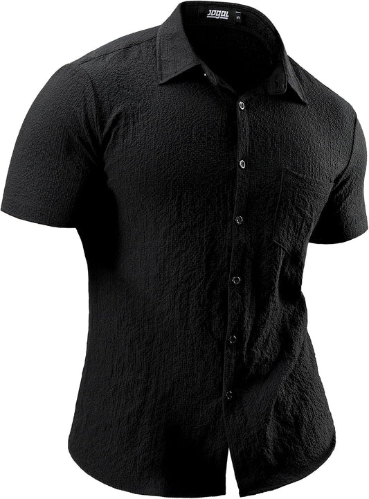 JOGAL A522 men's Short-Sleeve Muscle Fit Button-Down Dress Shirt in Black, front view