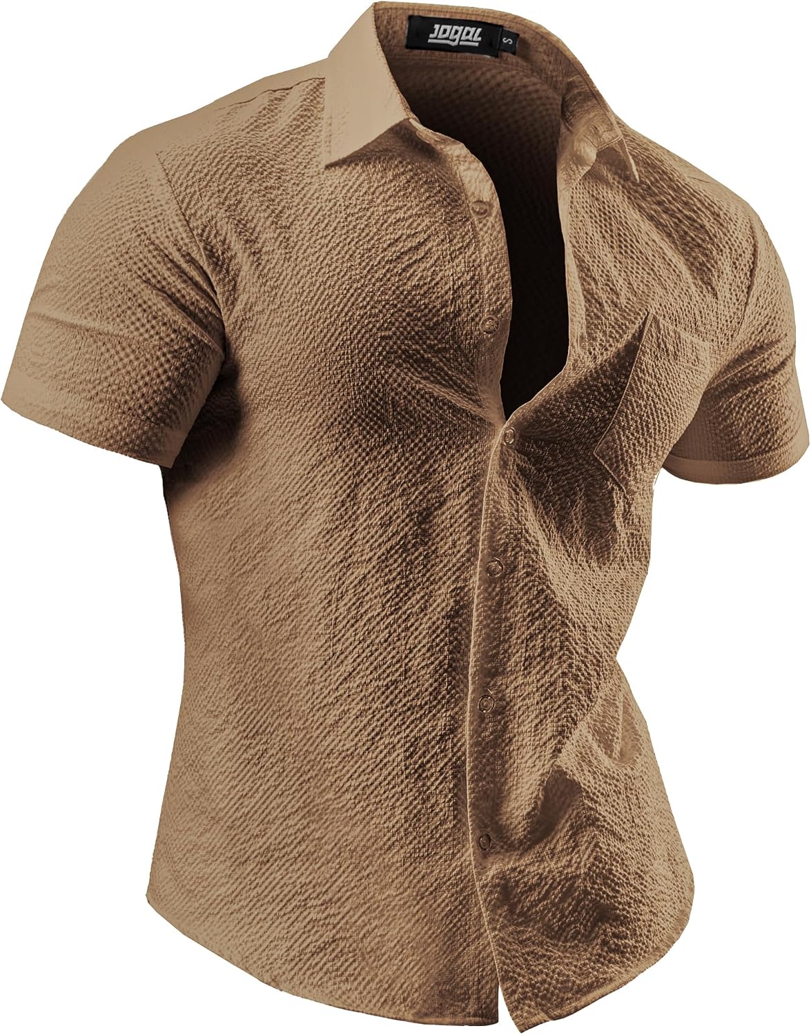 JOGAL A522 men's Short-Sleeve Muscle Fit Button-Down Dress Shirt in Brown, front view