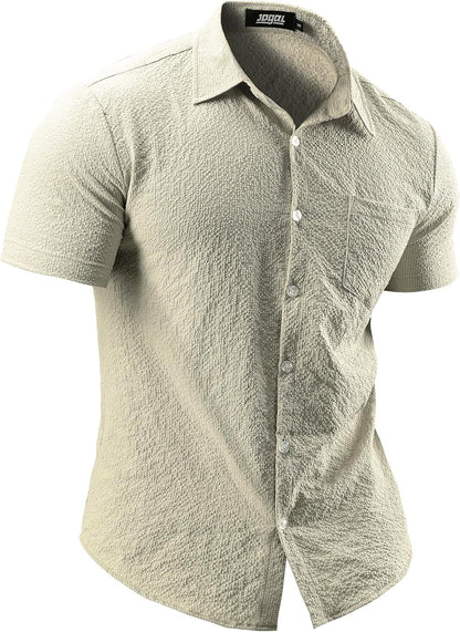 JOGAL A522 men's Short-Sleeve Muscle Fit Button-Down Dress Shirt in Lightkhaki, front view