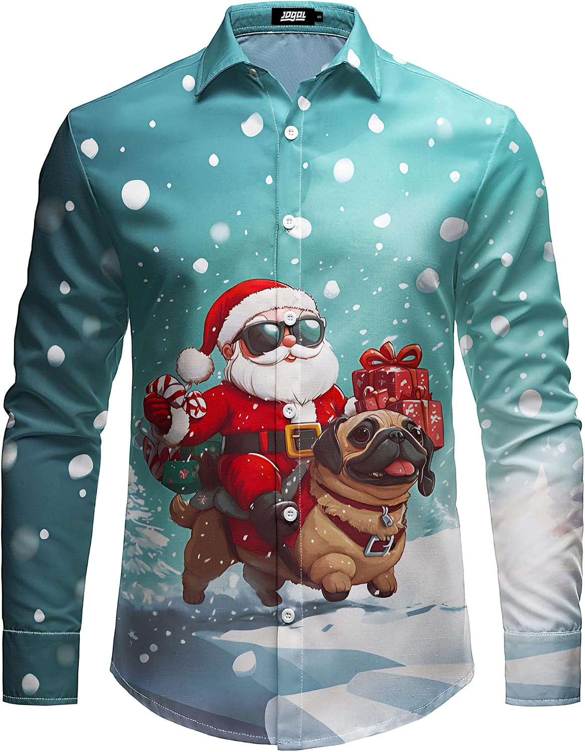 JOGAL A559 men's Christmas Thanksgiving Print Long-Sleeve Button-Down Shirt in Azure, front view