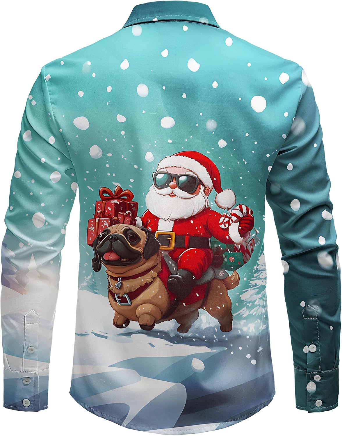 JOGAL A559 men's Christmas Thanksgiving Print Long-Sleeve Button-Down Shirt in Azure, back view