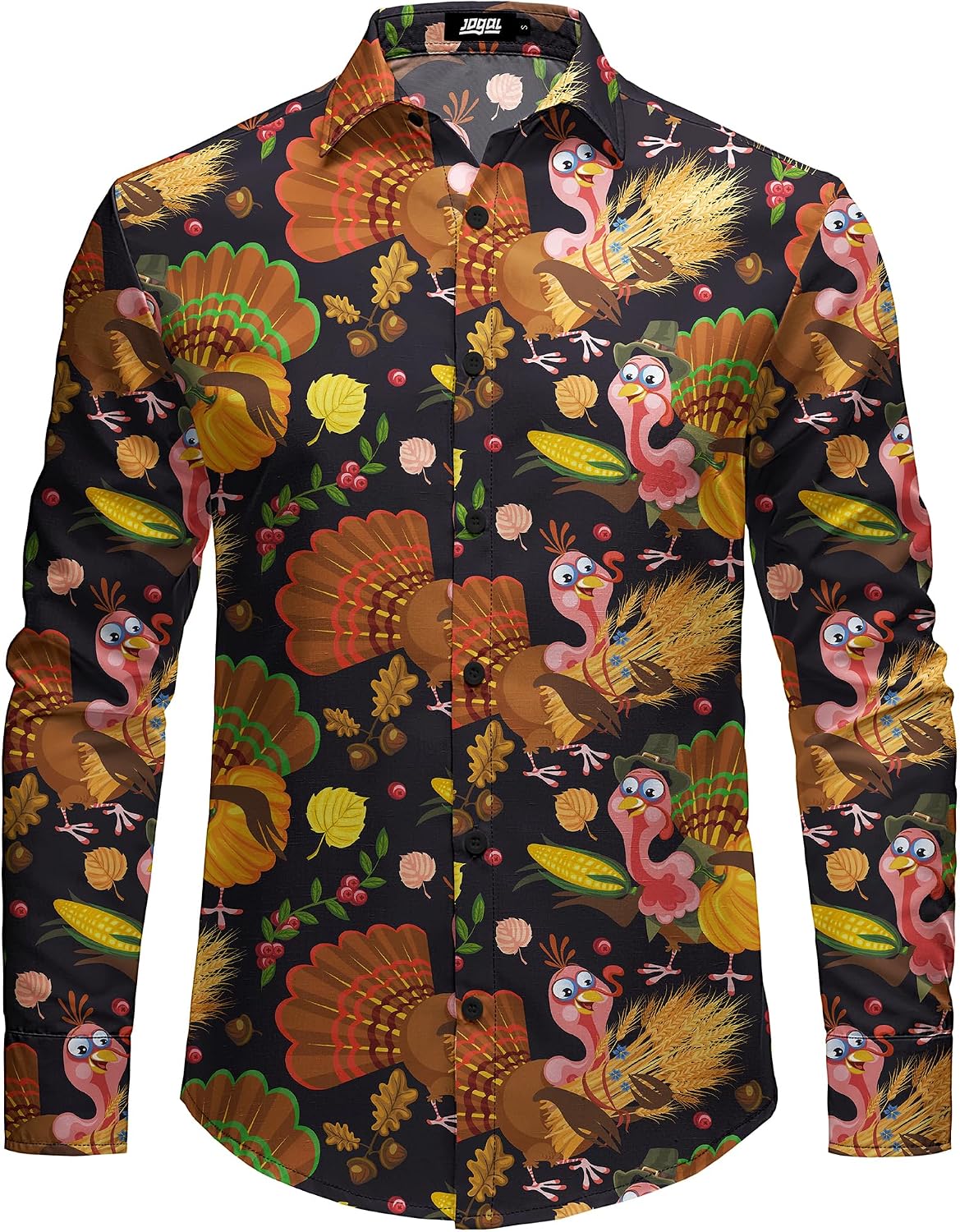 JOGAL A559 men's Christmas Thanksgiving Print Long-Sleeve Button-Down Shirt in Black, front view